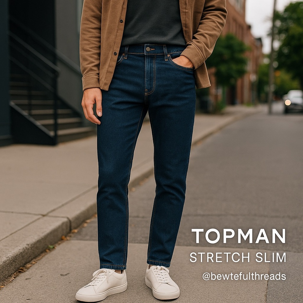Topman Stretch Slim Jeans W34 L30 button fly Dark Blue Midweight Denim